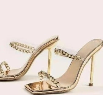 Sandales Transparentes à Talon avec Chaîne Dorée