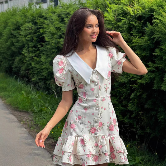 French Style V-neck Puff Sleeve Dress Waist Trimming Printing Ruffles